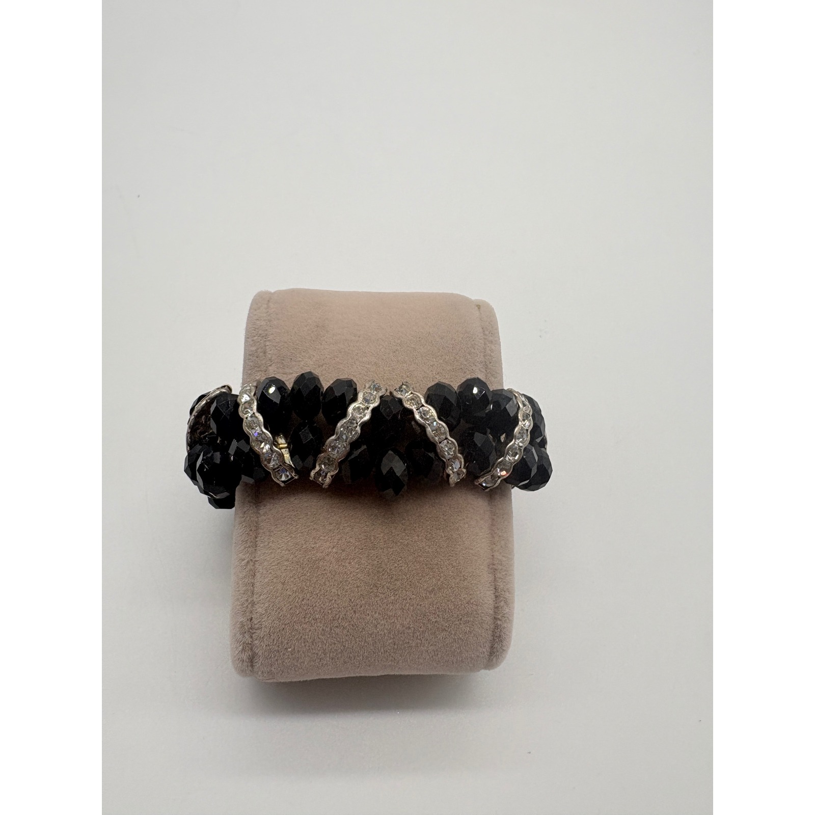 Vintage Style Black Faceted Crystal Triple Row Stretch Bracelet Rhinestone